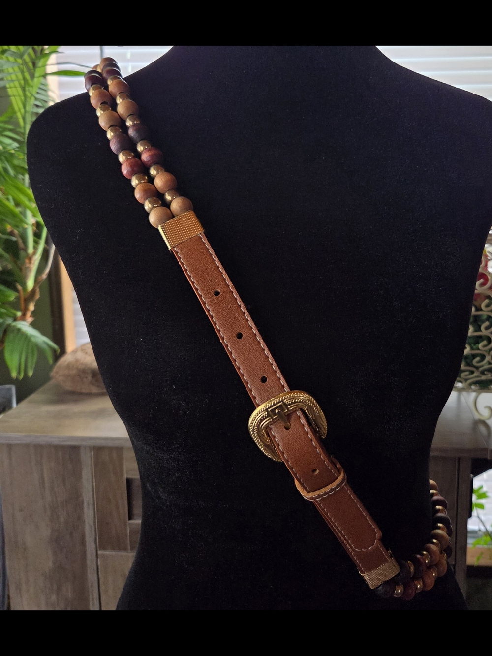 Brown Wood Beaded Belt With Gold Accents - Picture 3 of 5